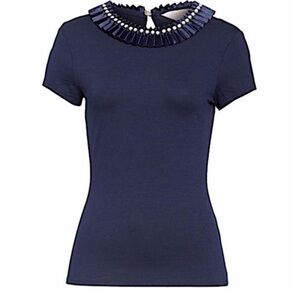 Ted Baker Navy Blue Top like a T-shirt, fitted pearl accents around. Size Small